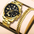 Men's gold tone stainless steel business calendar quartz watch with 10mm thickness case