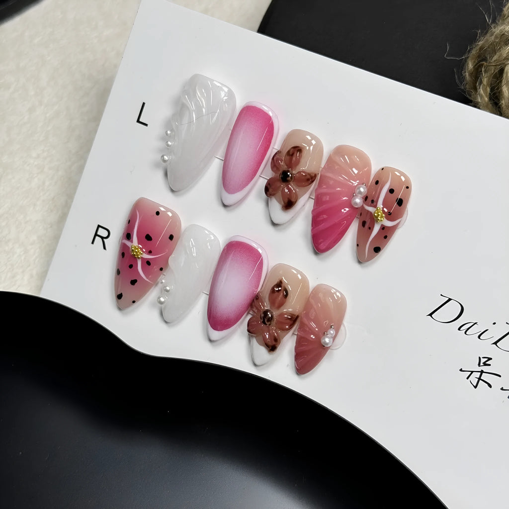 False nail beauty patches with hand-painted 3D carved candy embossed patterns in almond shape