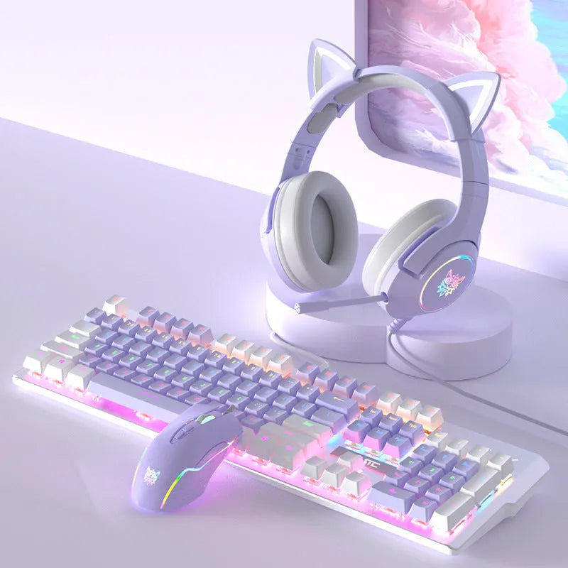 Purple mechanical keyboard and white mouse set with backlighting on wooden desk