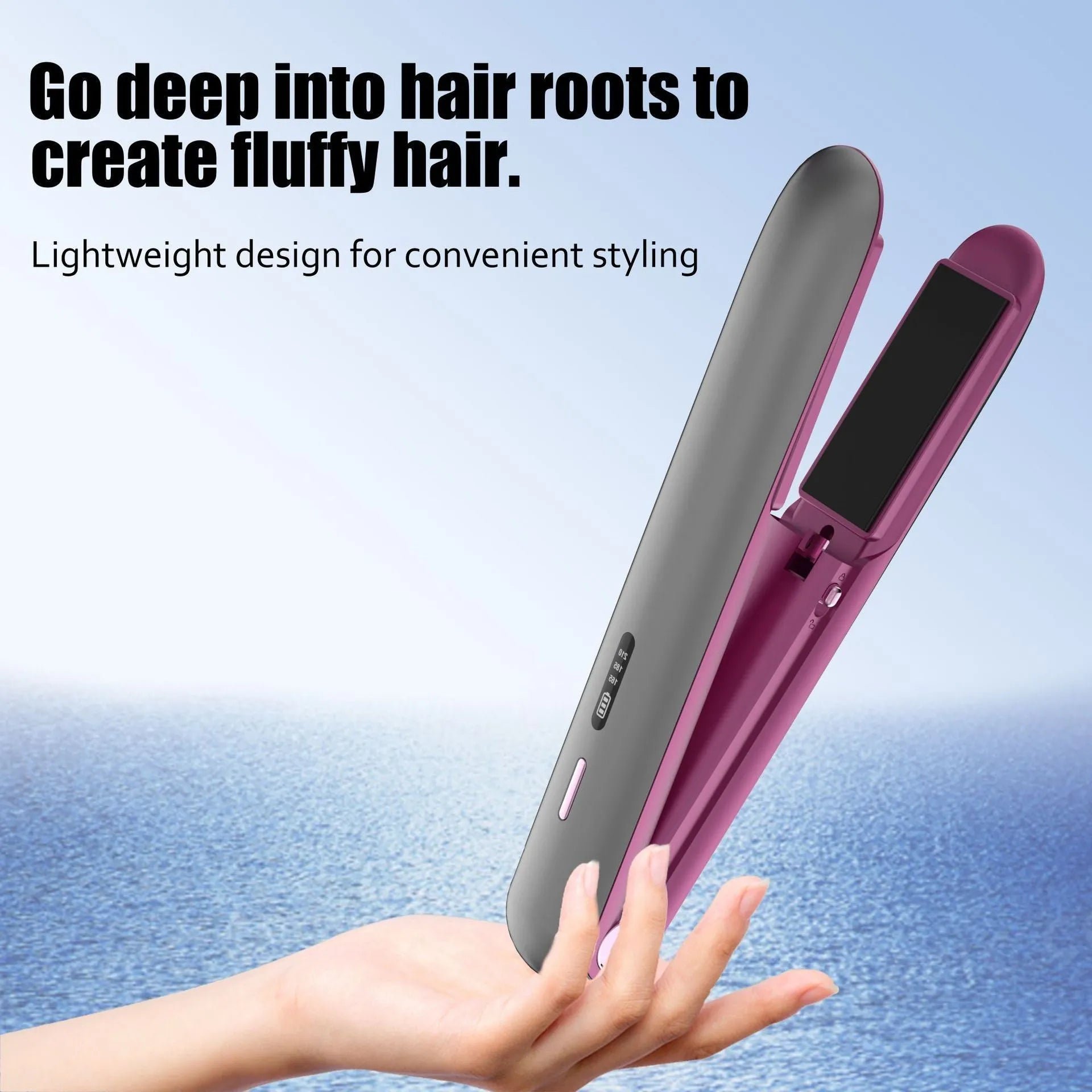 Moon shadow grey wireless hair straightener with tourmaline ceramic plates and temperature control display