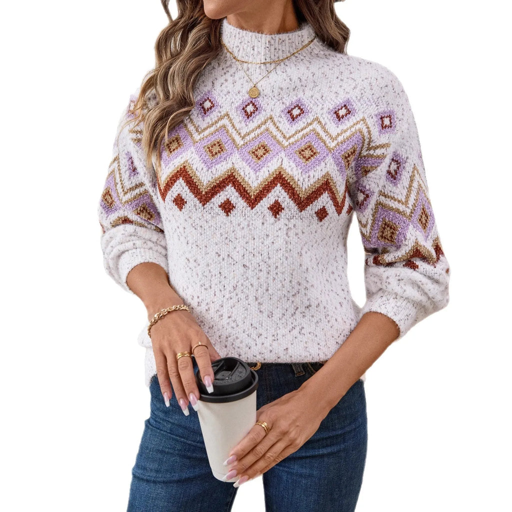 White women's half turtleneck sweater with geometric jacquard pattern and loose long sleeves.