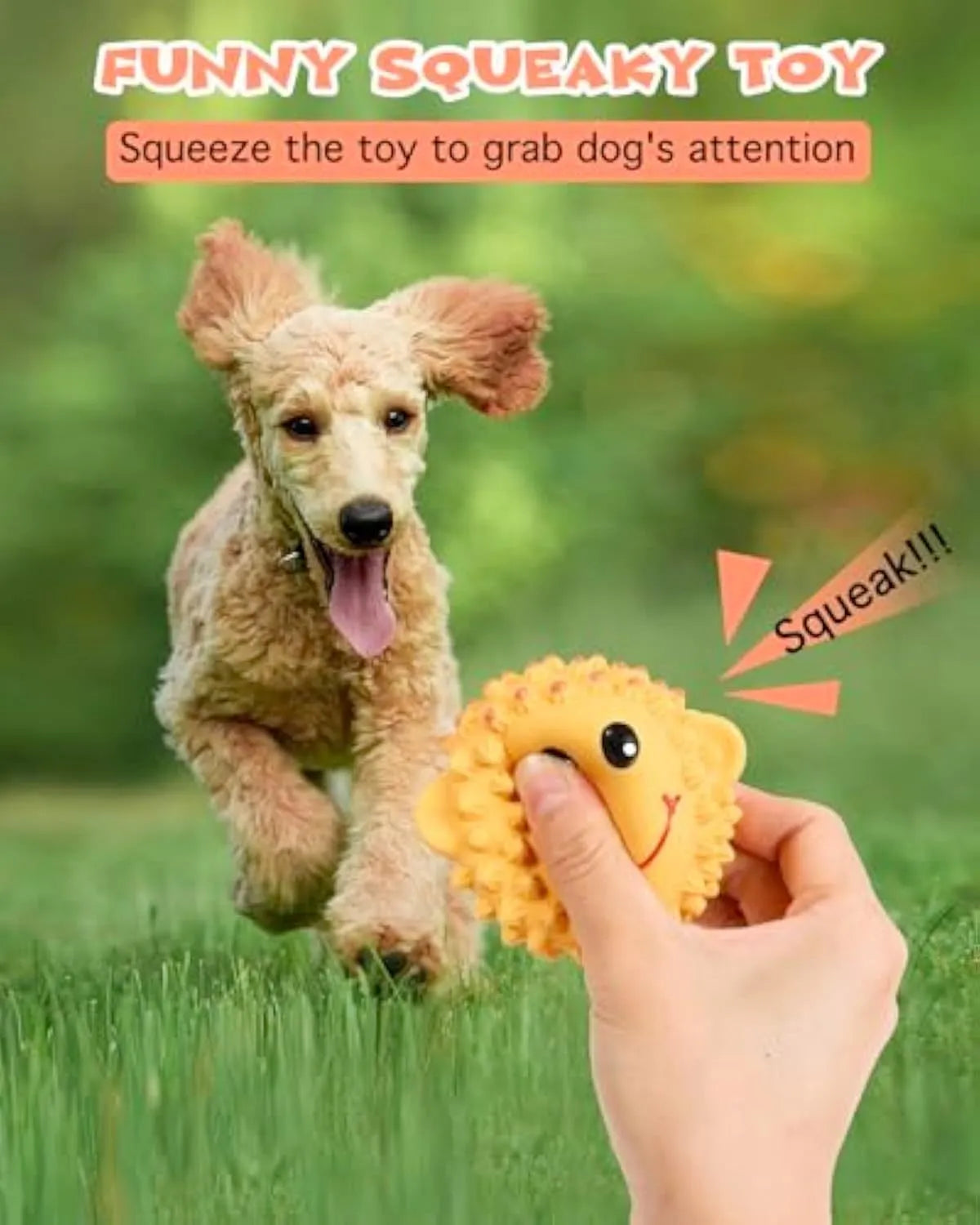 Orange and yellow spiky latex squeaky dog toys showing animal designs and textured surface