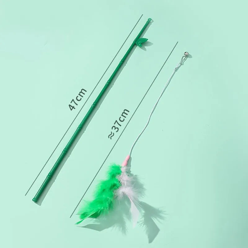 Green cat feather wand toy with bells and feather attachments for interactive feline play
