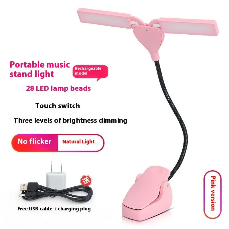 Music stand lamp with 28 LED lights, USB cable and batteries for sheet music illumination during instrument practice