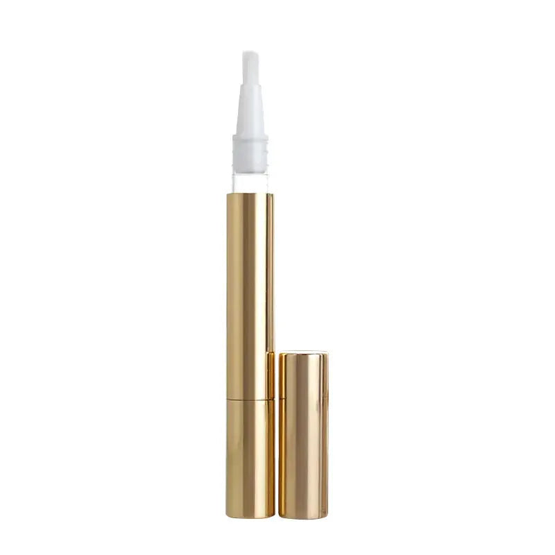 A teeth whitening pen with a brush applicator, shown in plastic and aluminium case options.