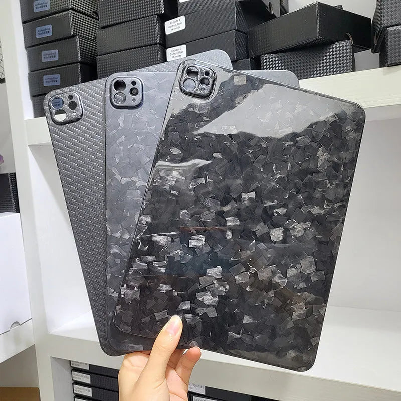Genuine carbon fibre flat hard protective case for iPad Pro 11 inch in a textured finish.
