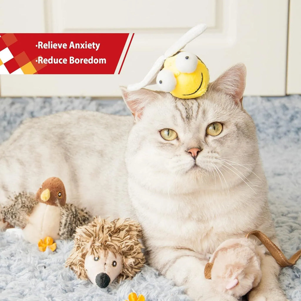 Yellow bee-shaped electronic cat toy with motion-activated chirping sound for indoor feline play