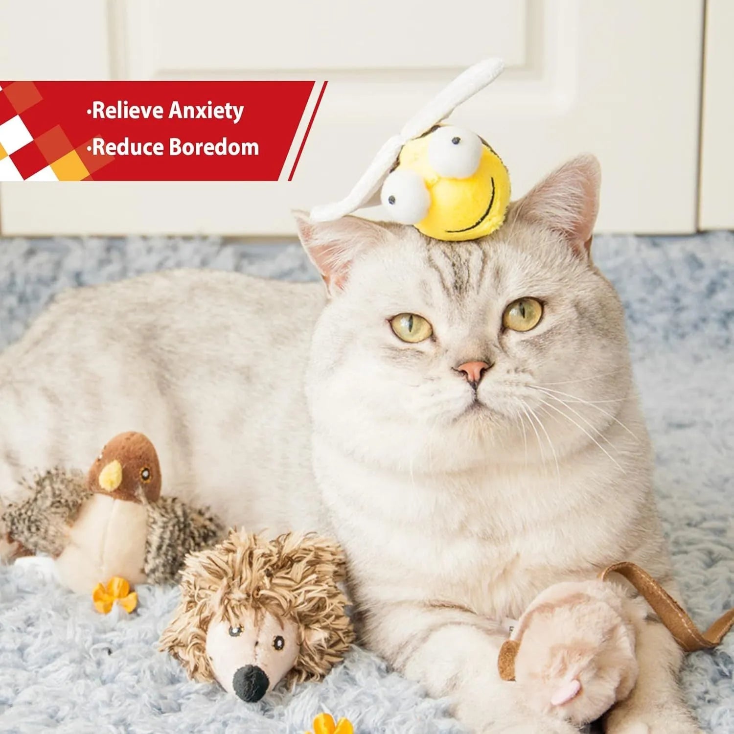 Yellow bee-shaped electronic cat toy with motion-activated chirping sound for indoor feline play