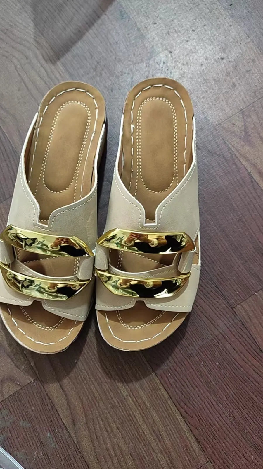 Women's Roman style platform sandals in white, black, khaki, and blue with a metal detail.