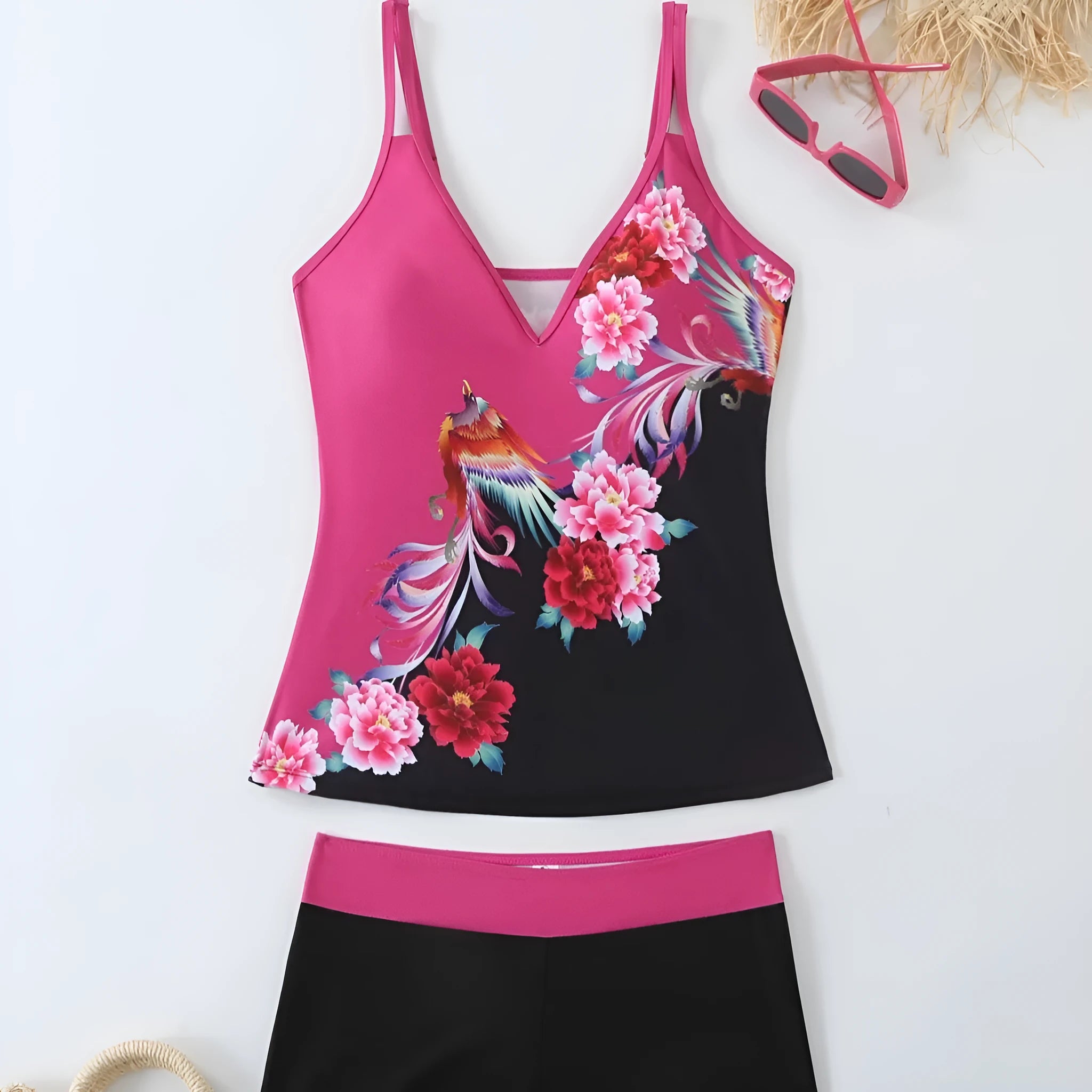 Women's plus size two-piece swimsuit set in black or rose red, sizes S to 5XL.