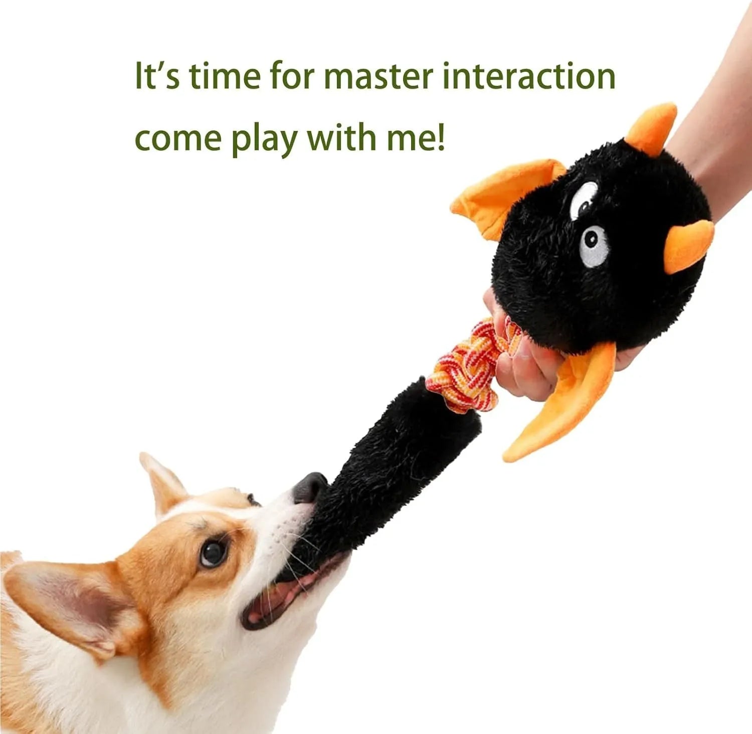 Large black plush dog toy with cartoon face, rope knot, and squeaker for big dogs.
