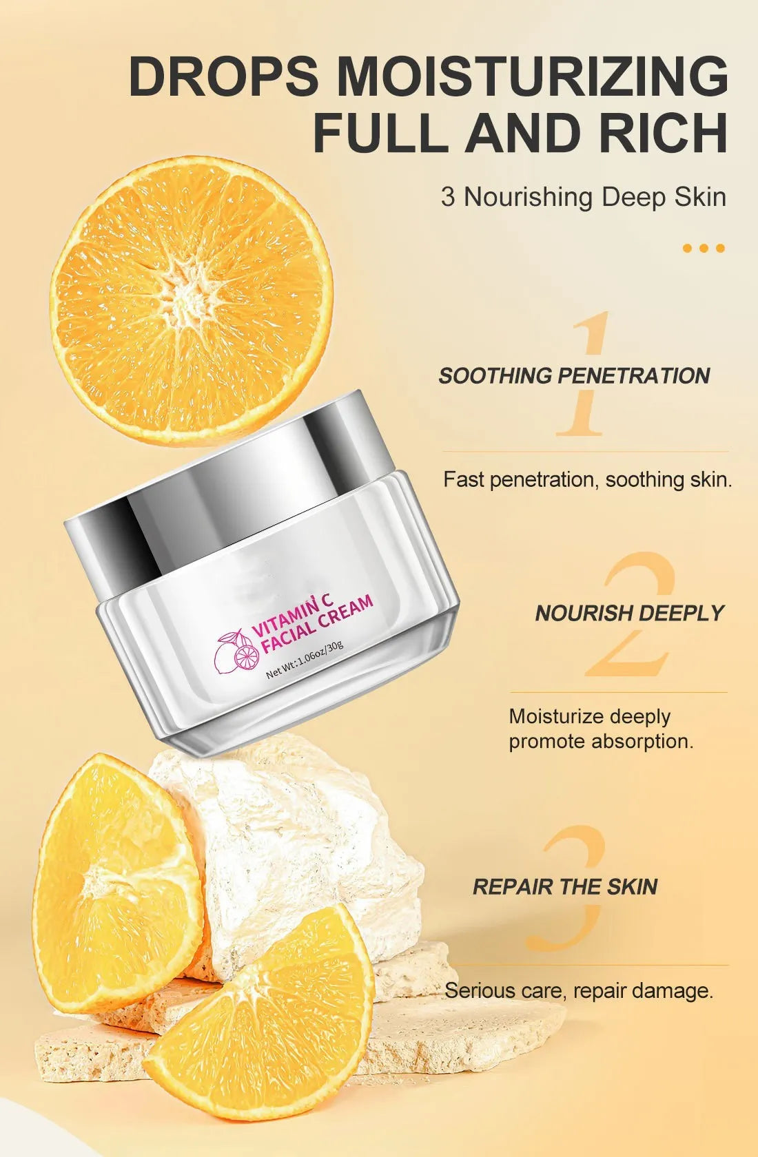 Vitamin C face cream in 30g jar container with compact dimensions