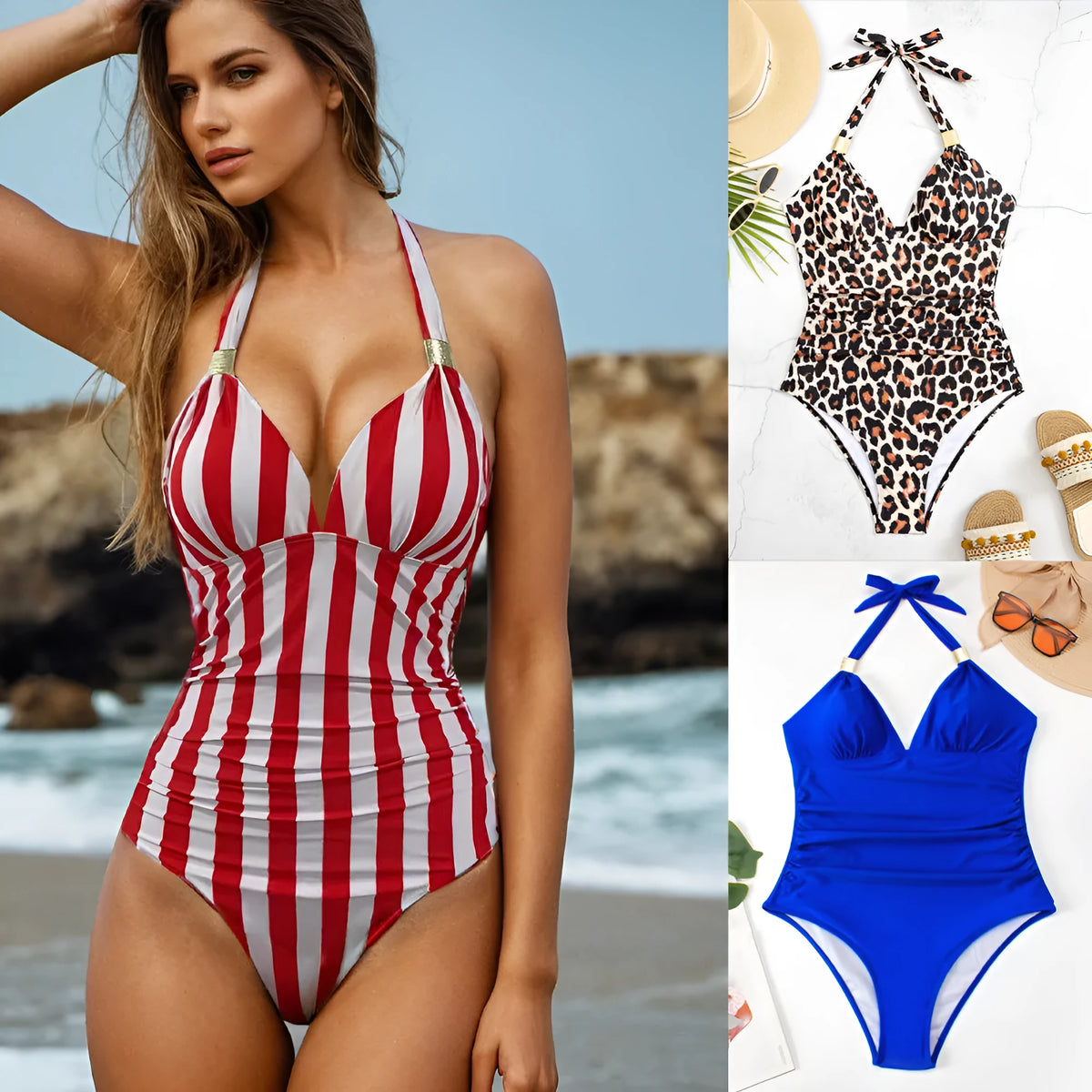 Women's quick-dry swimwear in leopard print, stripes, blue and black colours