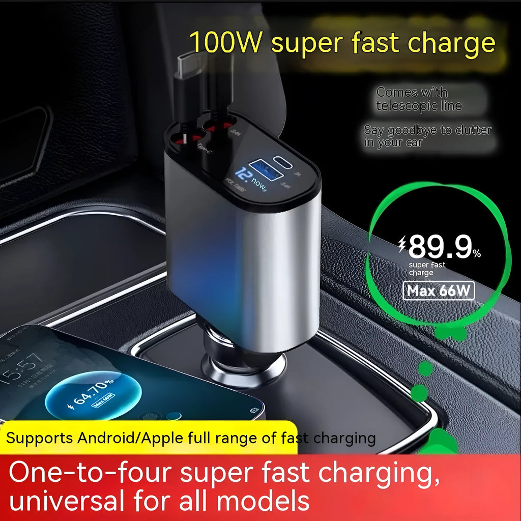 Automatic retractable car charger with USB ports plugged into a vehicle cigarette lighter socket.