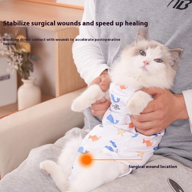 Cat wearing a post-operative sterilisation recovery suit with Velcro fastening and a printed pattern.