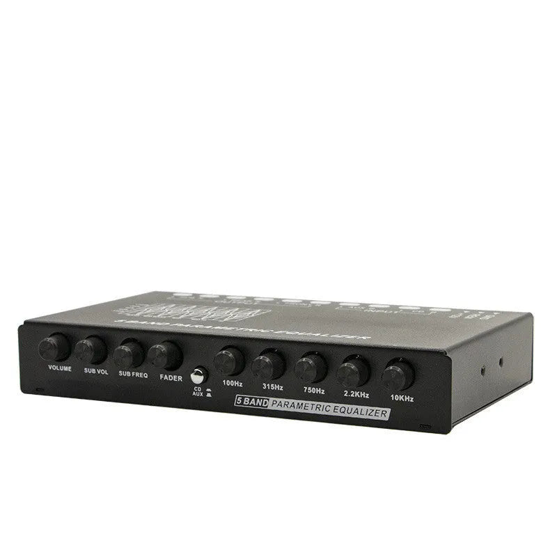 Black car audio EQ tuning body with 6-channel output and 7-band frequency controls for subwoofers