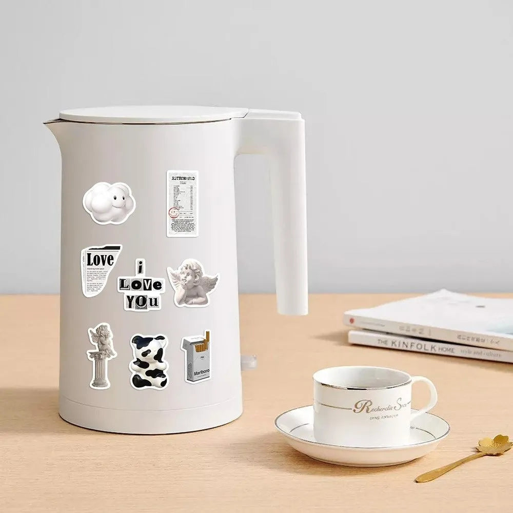 Black and white waterproof PVC sticker pack with coffee cup designs for laptops and phones