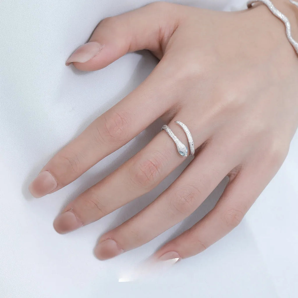 Adjustable silver snake ring with electroplated platinum finish and white gold colour