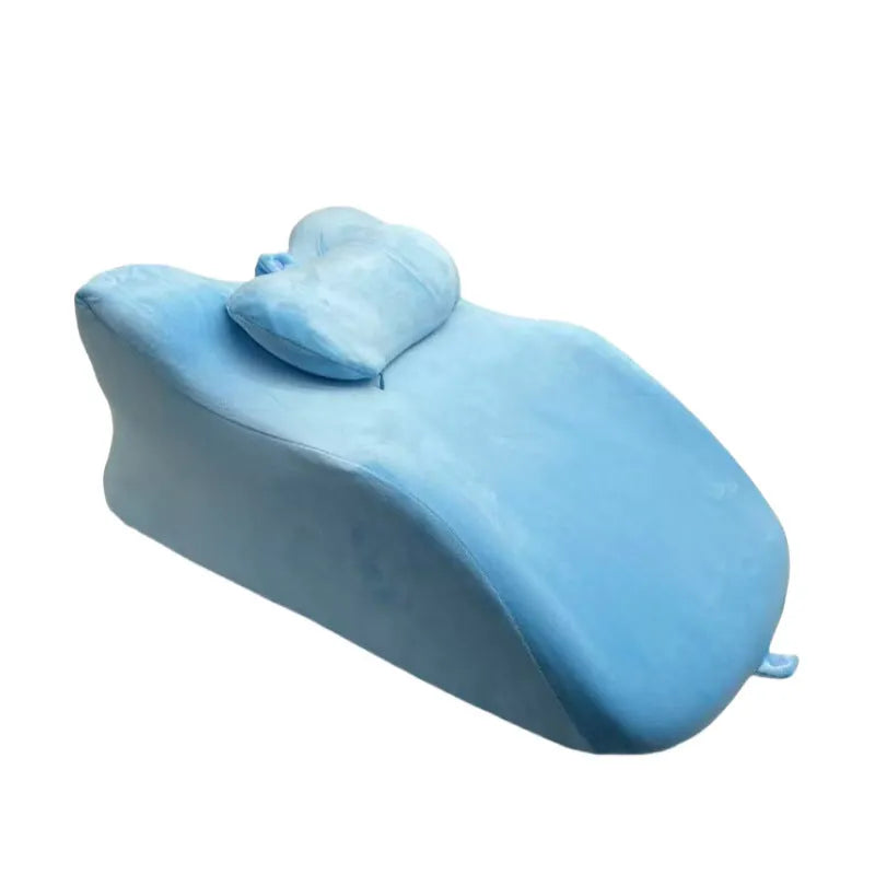 Prone position stomach sleeping pillow in Blue for face-down reading and phone use
