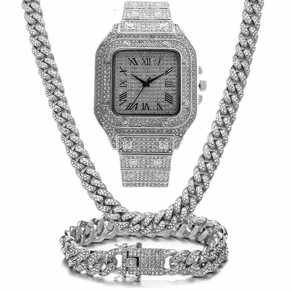 Roman grain quartz watch set with square dial, black mesh band, bracelet, and necklace in gold tone.