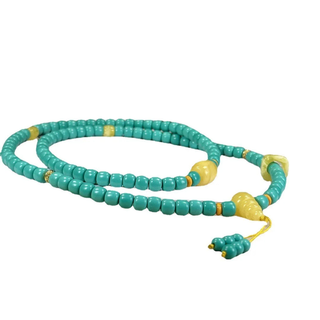 Turquoise mesh flower lucky pendant on ball bead chain necklace, hand-woven construction