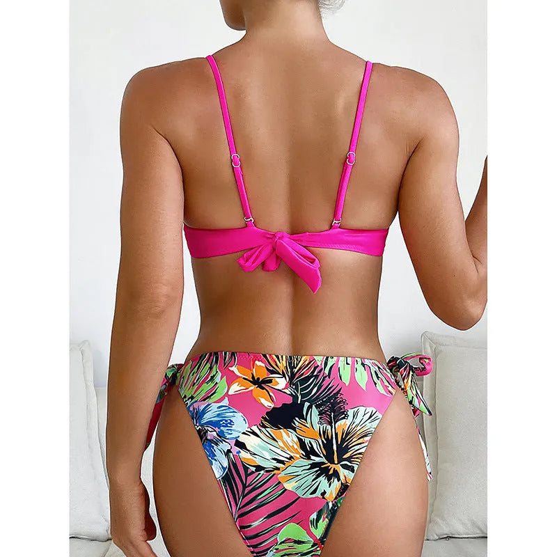 Rose red women's bikini swimsuit with braid rope detailing on display
