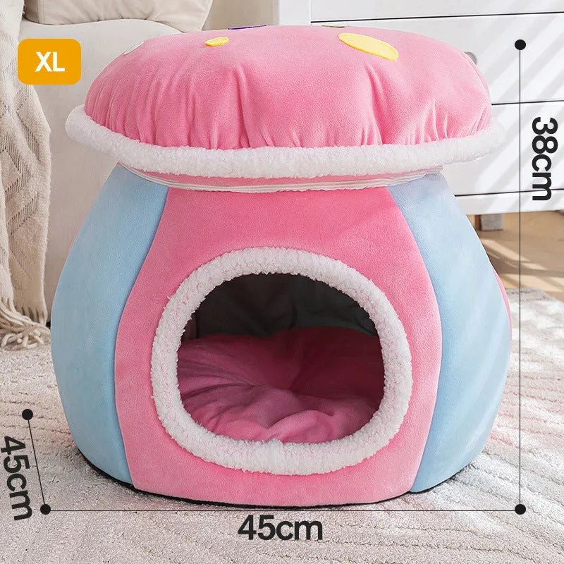 Mushroom-shaped cat bed with rabbit plush cover in grey pink purple colours