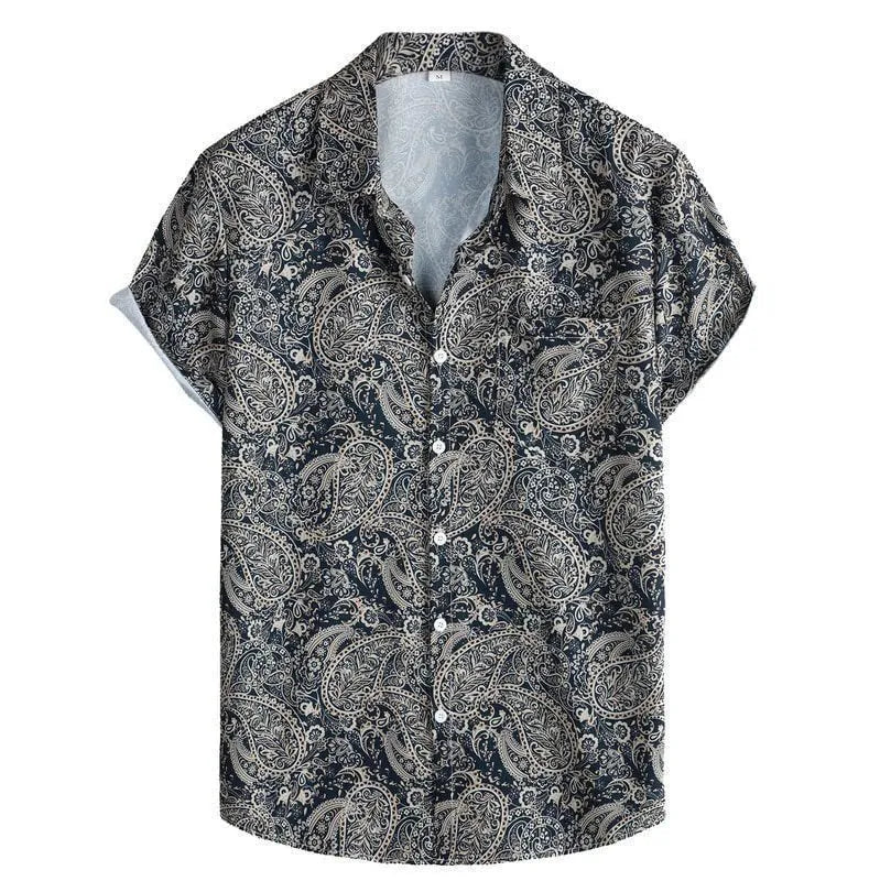 Men's slim fit Hawaiian short sleeve shirt with digital print pattern on elastic polyester fabric