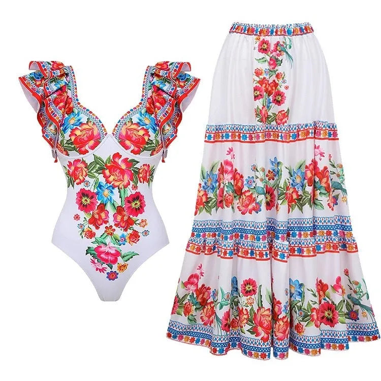 Women's floral print one-piece swimsuit in polyester fabric available in multiple colours