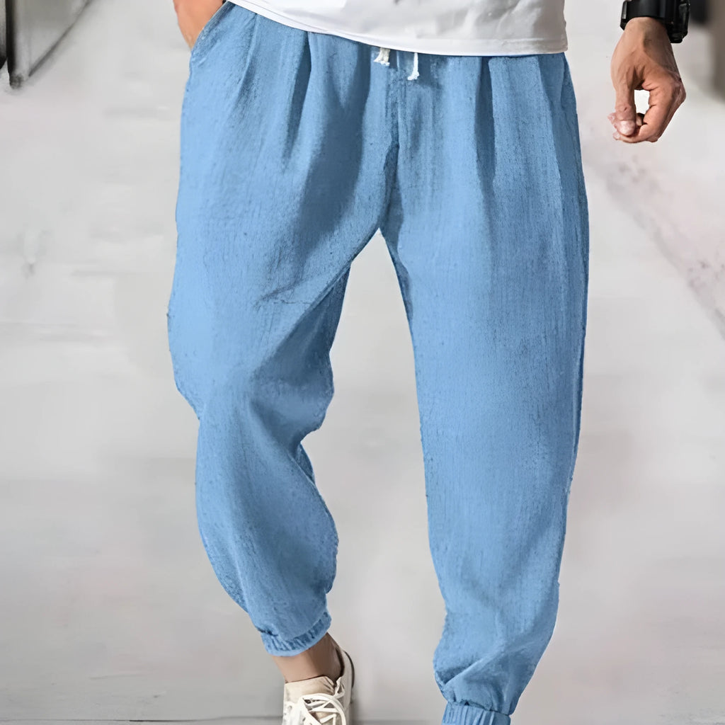 Men's loose cotton casual trousers with banded ankles in light green colour
