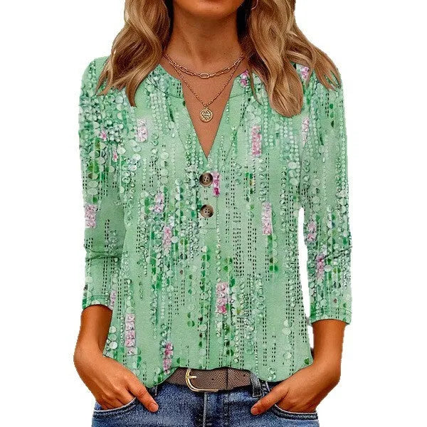 Women's loose-fit casual V-neck top with a 3D pattern print in various colour options.