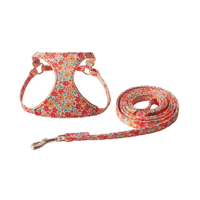 Floral cloth pet harness and leash set for small dogs in multiple colour options
