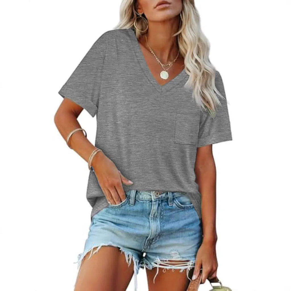 Grey loose fit V-neck t-shirt with chest pocket on mannequin