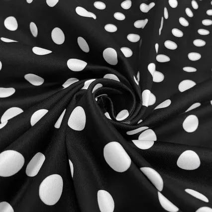 Multicolour polka dot pleated dress with square collar, short sleeves, and a front zipper.
