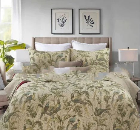 Blue American flower and bird pattern quilted cotton bedspread set measuring 230x250 cm