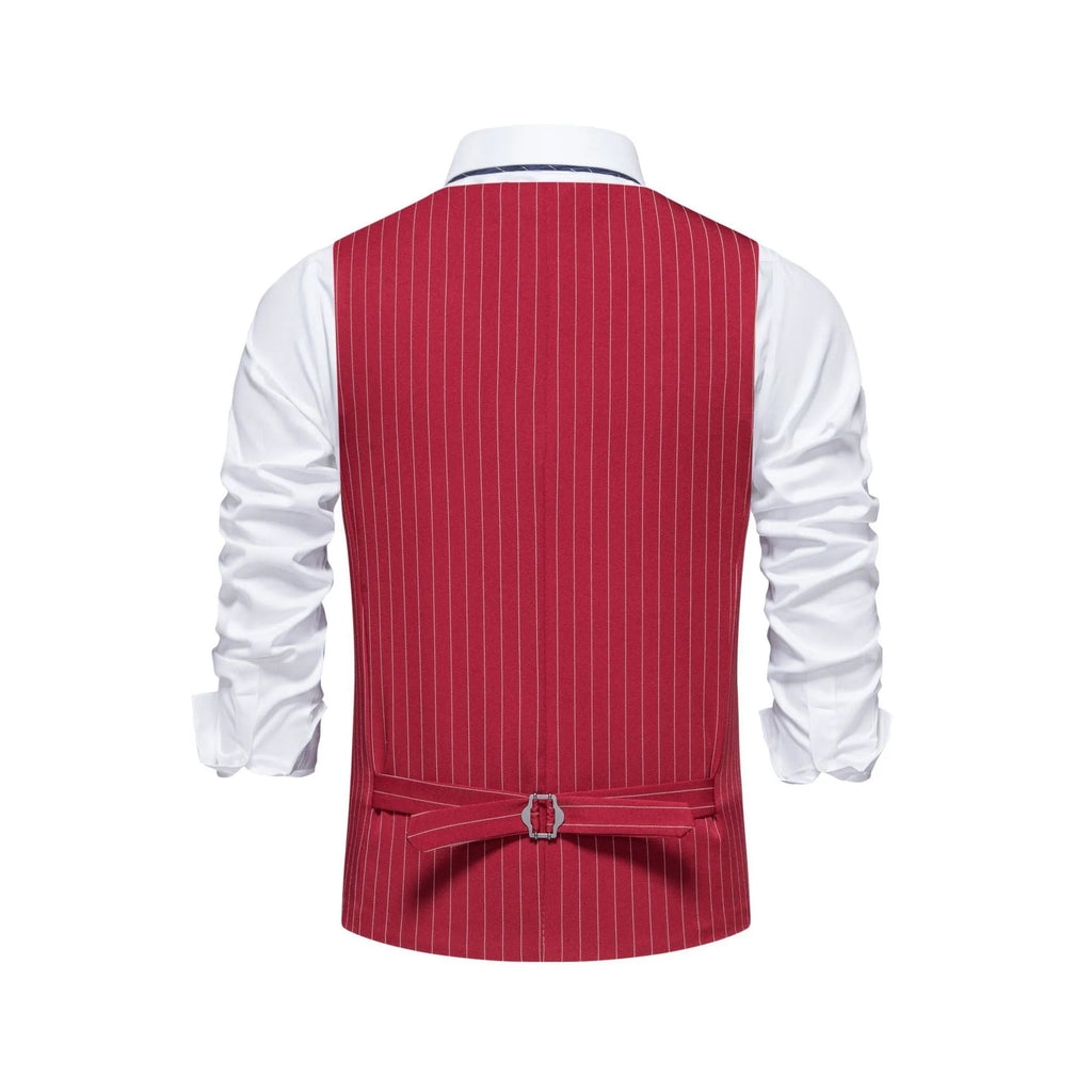 Men's striped suit vest in polyester with non-ironing finish and miter bottom hem.