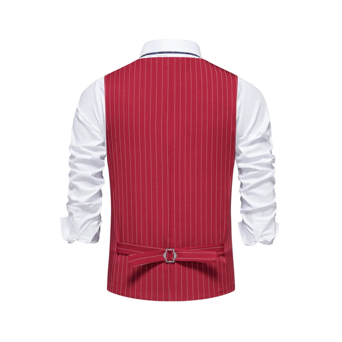 Men's striped suit vest in polyester with non-ironing finish and miter bottom hem.