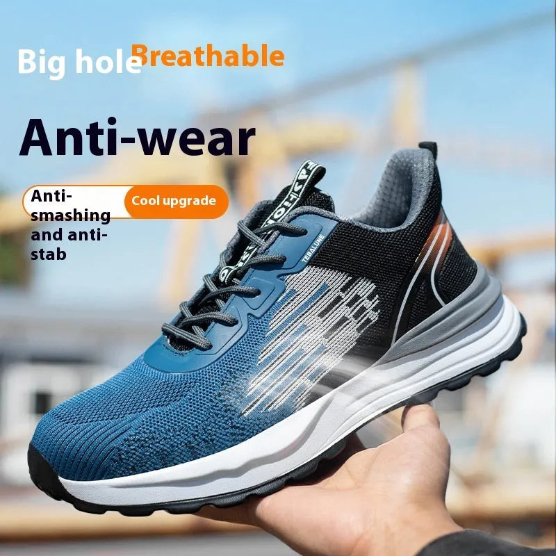 Blue men's safety work shoes with mesh upper and plastic toe cap on non-slip sole