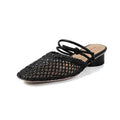 Women's black French-style square toe slippers with hollow-out design and a chunky mid-heel on a rubber sole.