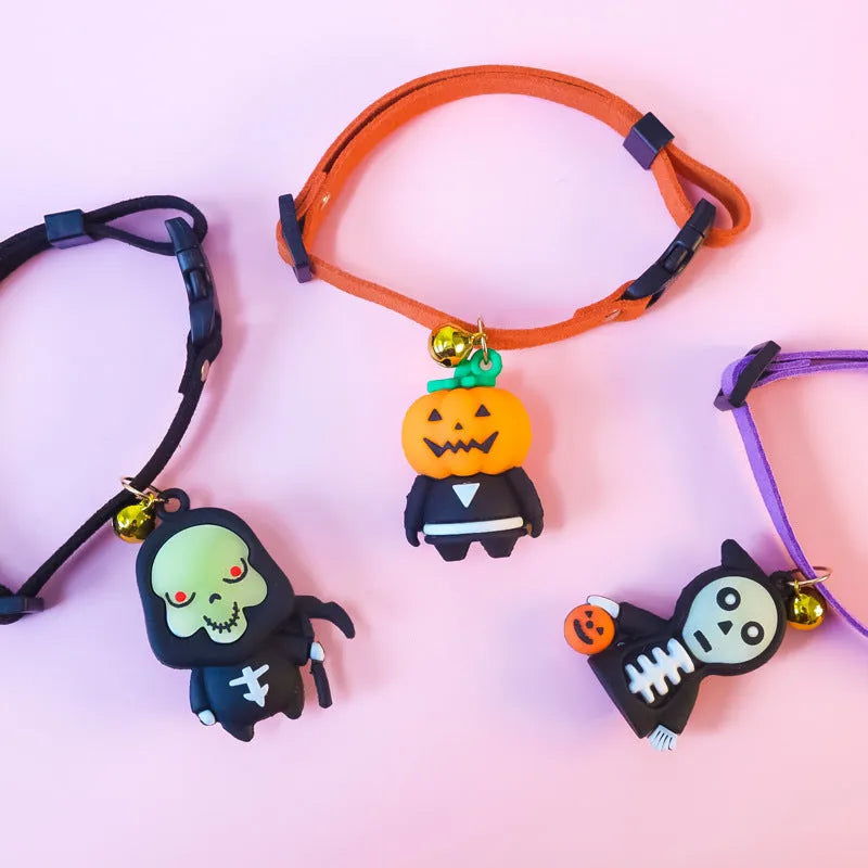 Halloween dog collar with glow designs in four adjustable sizes for seasonal pet dressing