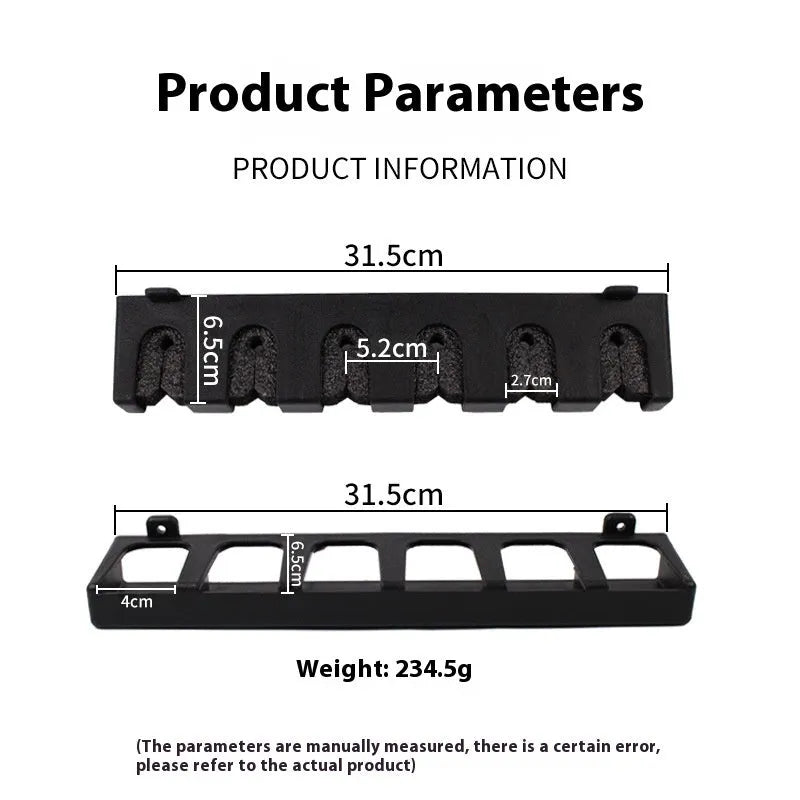 Black ABS plastic wall-mounted fishing rod holder showing horizontal and upright vertical mounting options