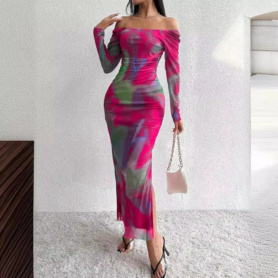 Women's printed mesh fishtail dress with square collar in gradient colours
