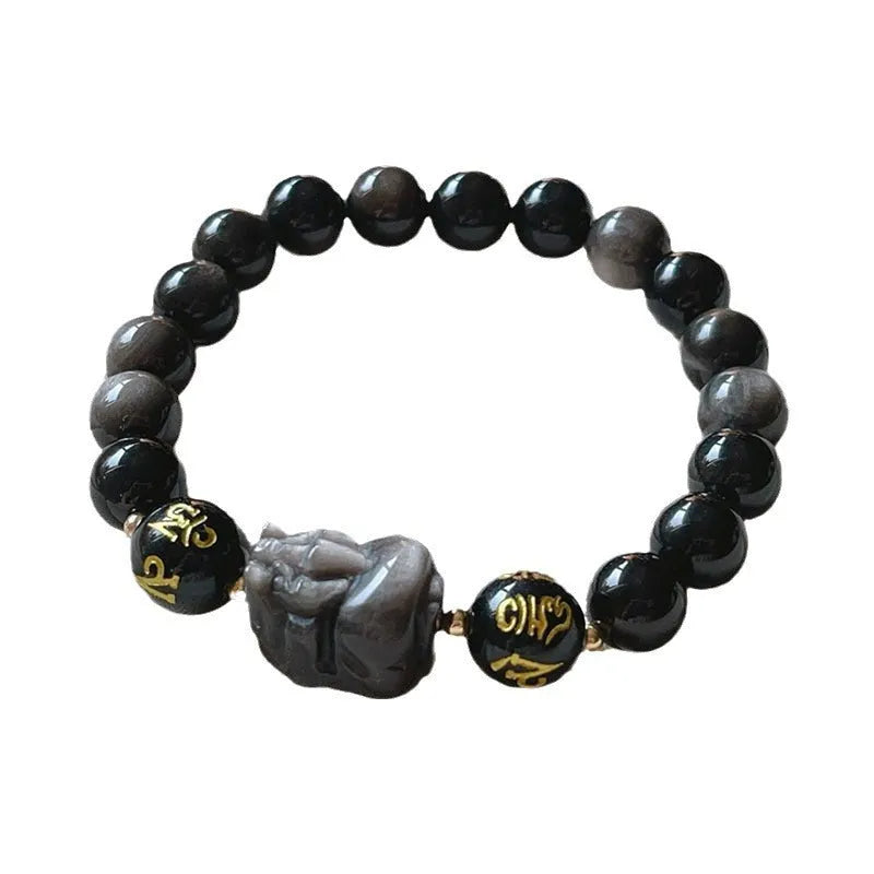 Men's natural silver stone bracelet with Chinese zodiac signs and beaded design