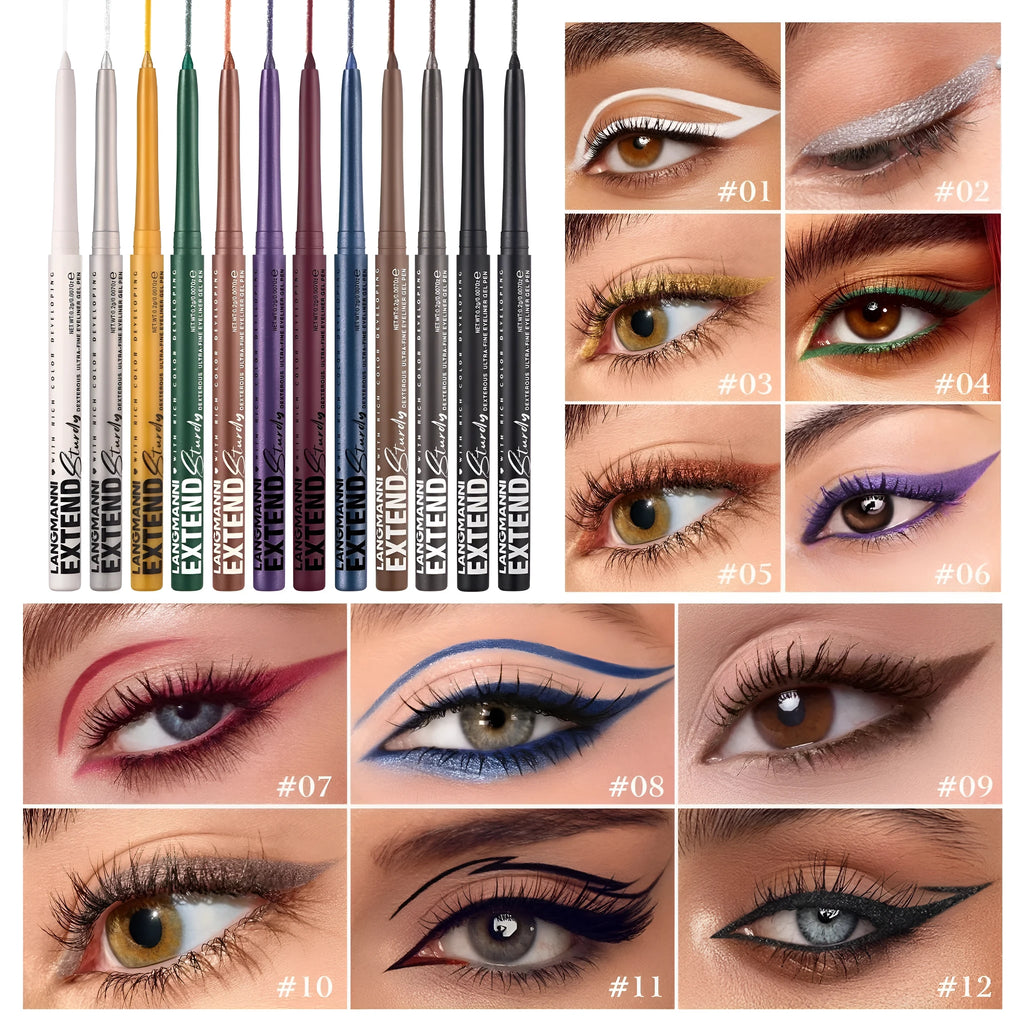 Set of 12 colourful gel glitter eyeliner pencils with various finishes for multifunctional makeup use