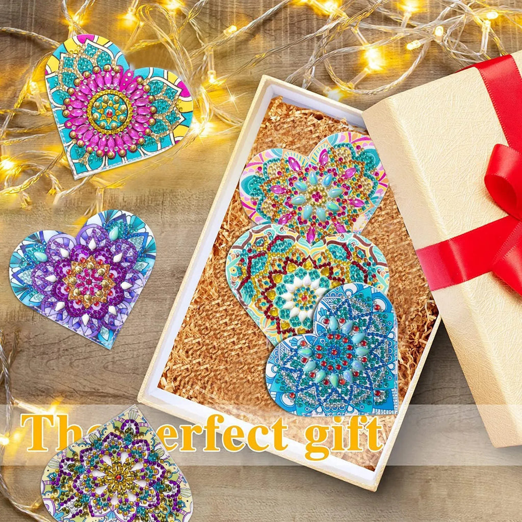 Six identical PU leather bookmarks with crystal flower decorations at corners