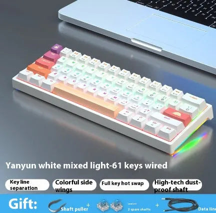 Blue and white 61-key compact mechanical keyboard with hot-swappable switches on black background