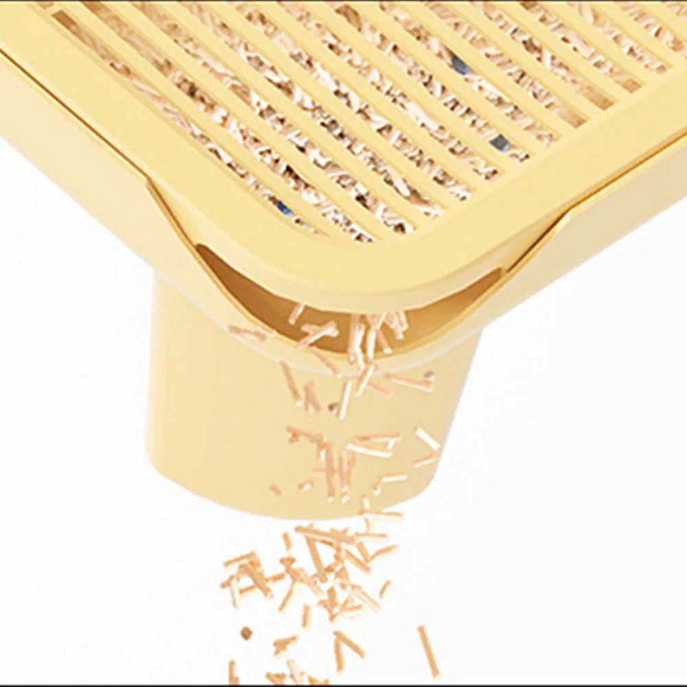 Milk yellow plastic cat litter mat with anti-slip feet next to a litter box