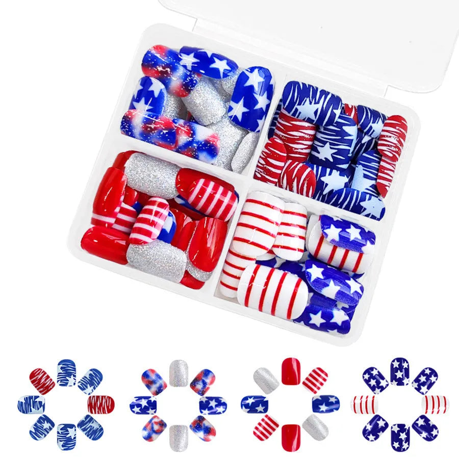 Red and blue glitter artificial nail tips with short European square shape.