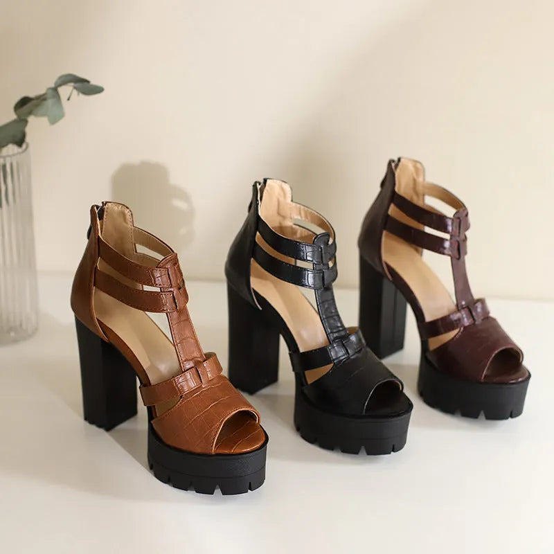 Black platform high heel sandals with round toe and back zipper closure