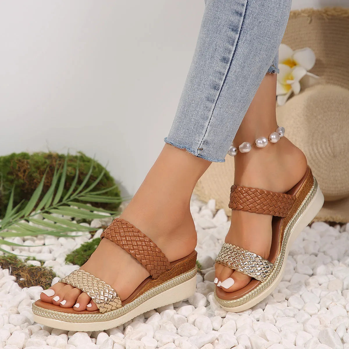Women's metallic gold wedge sandals with a PU upper and rubber sole, shown in a larger size.